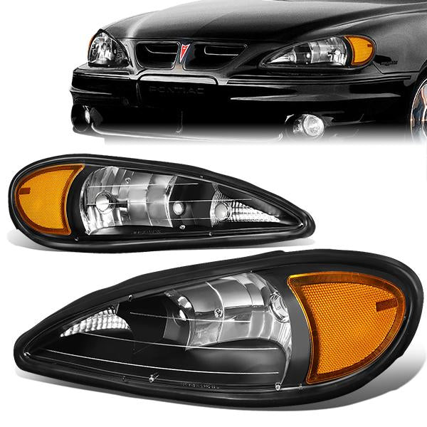 99-05-pontiac-grand-am-headlights-black-housing-clear-lens-amber-corner-plug-n-play-pair-hl-oh-pgam99-bk-am - 1