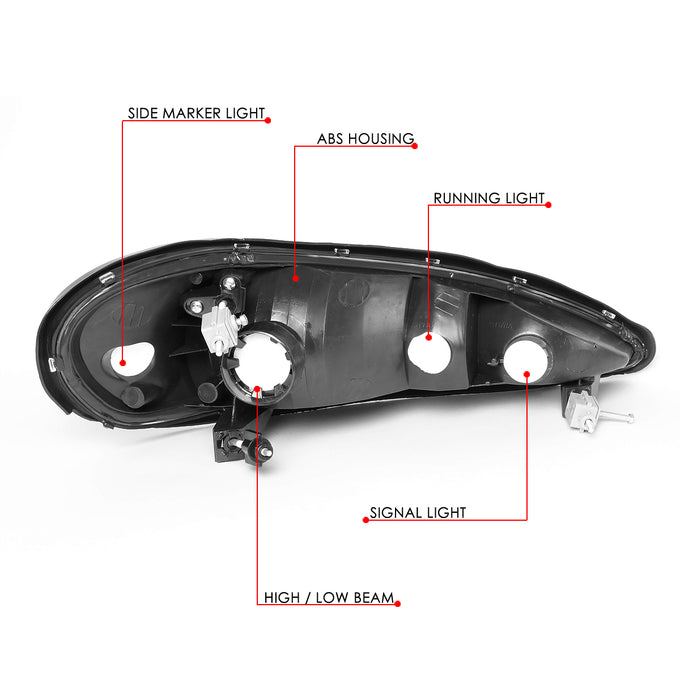 D-Motoring - 99-05 Pontiac Grand AmHeadlights - Smoked Housing - Smoked Lens - Clear Corner - Plug-n-Play - Pair - 6