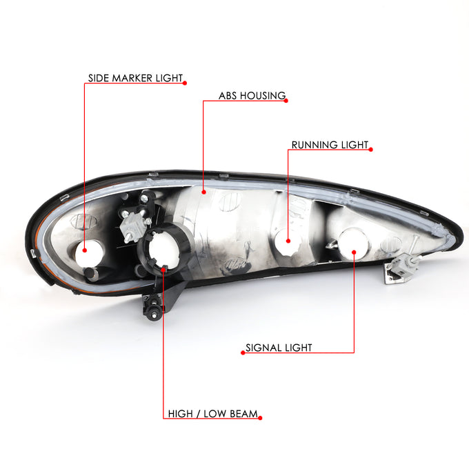 D-Motoring - 99-05 Pontiac Grand AmHeadlights - Chrome Housing - Clear Lens - Clear Corner - Plug-n-Play - Pair - 6