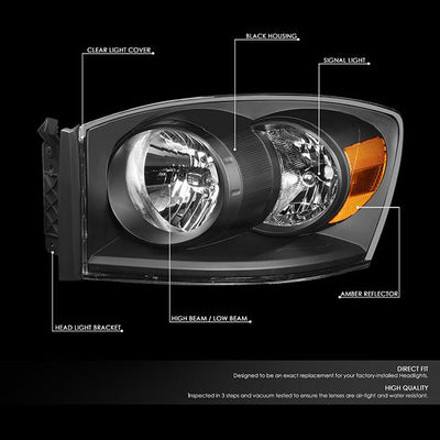 06-09 Ram Truck Headlights - Black Housing - Clear Lens - Amber Corner - Pair - HL-OH-RM06-BK-AM - 2