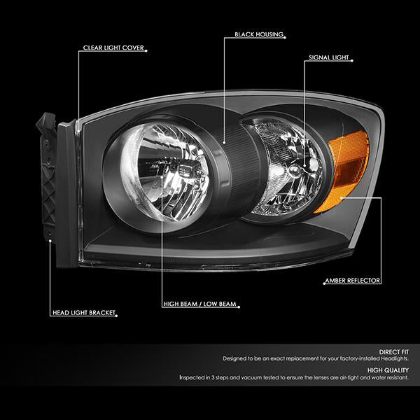 06-09 Ram Truck Headlights - Black Housing - Clear Lens - Amber Corner - Pair - HL-OH-RM06-BK-AM - 2