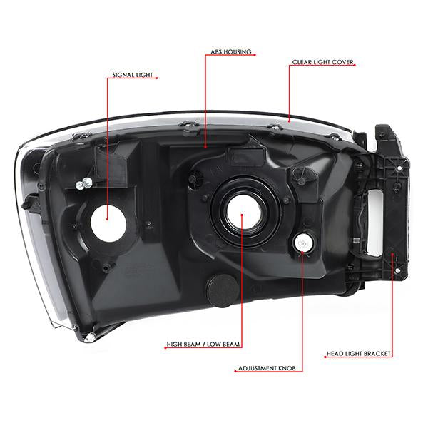06-09 Ram Truck Headlights - Black Housing - Clear Lens - Amber Corner - Pair - HL-OH-RM06-BK-AM - 6