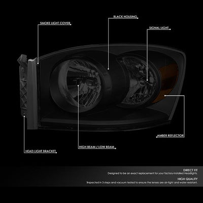 06-09 Ram Truck Headlights - Tinted Housing - Smoked Lens - Amber Corner - Pair - HL-OH-RM06-BK-SM-AM - 2