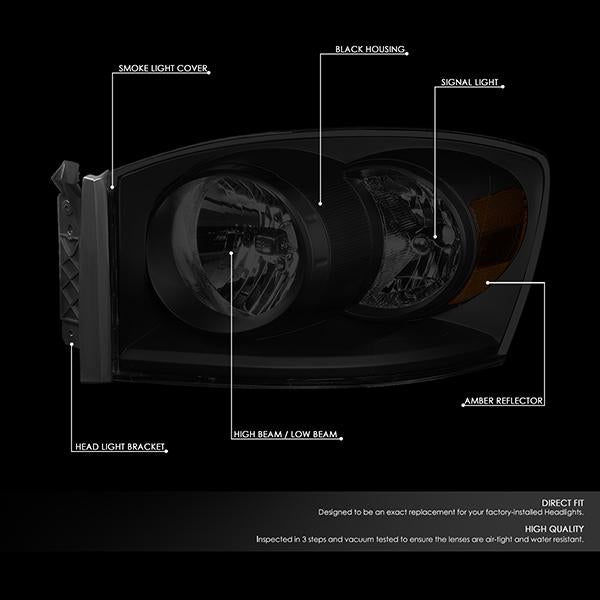 06-09 Ram Truck Headlights - Tinted Housing - Smoked Lens - Amber Corner - Pair - HL-OH-RM06-BK-SM-AM - 2
