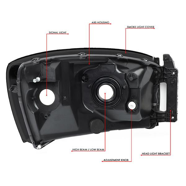 06-09 Ram Truck Headlights - Tinted Housing - Smoked Lens - Clear Corner - Pair - HL-OH-RM06-BK-SM-CL1 - 6