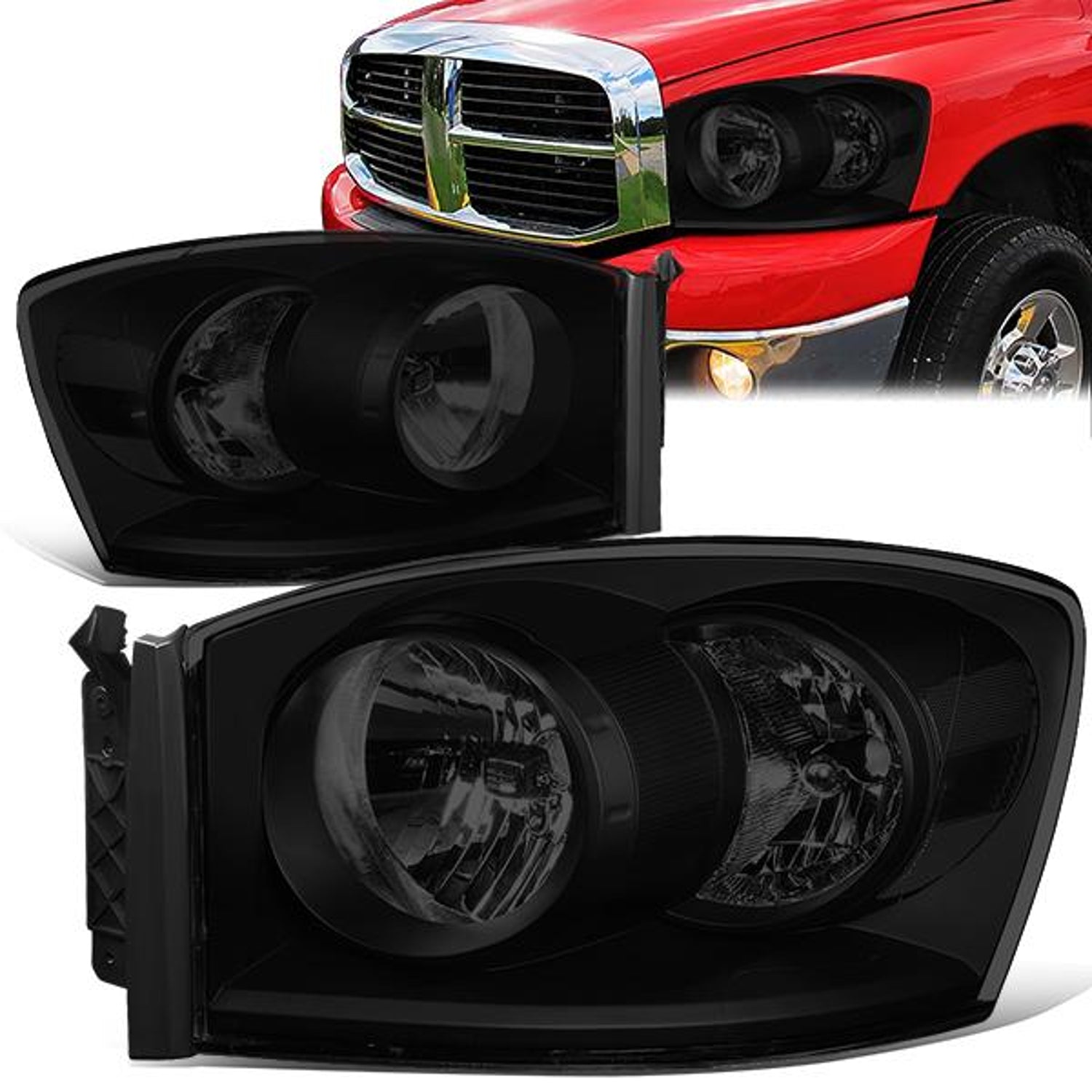 06-09 Ram Truck Headlights - Tinted Housing - Smoked Lens - Clear Corner - Pair - HL-OH-RM06-BK-SM-CL1 - 1