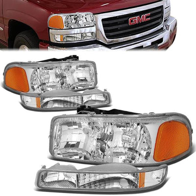 99-07 GMC Sierra 1500 2500 3500 Yukon Headlights - Chrome Housing - Amber Corner - Plug-n-Play - Pair