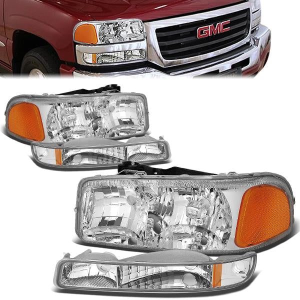 99-07 GMC Sierra 1500 2500 3500 Yukon Headlights - Chrome Housing - Amber Corner - Plug-n-Play - Pair