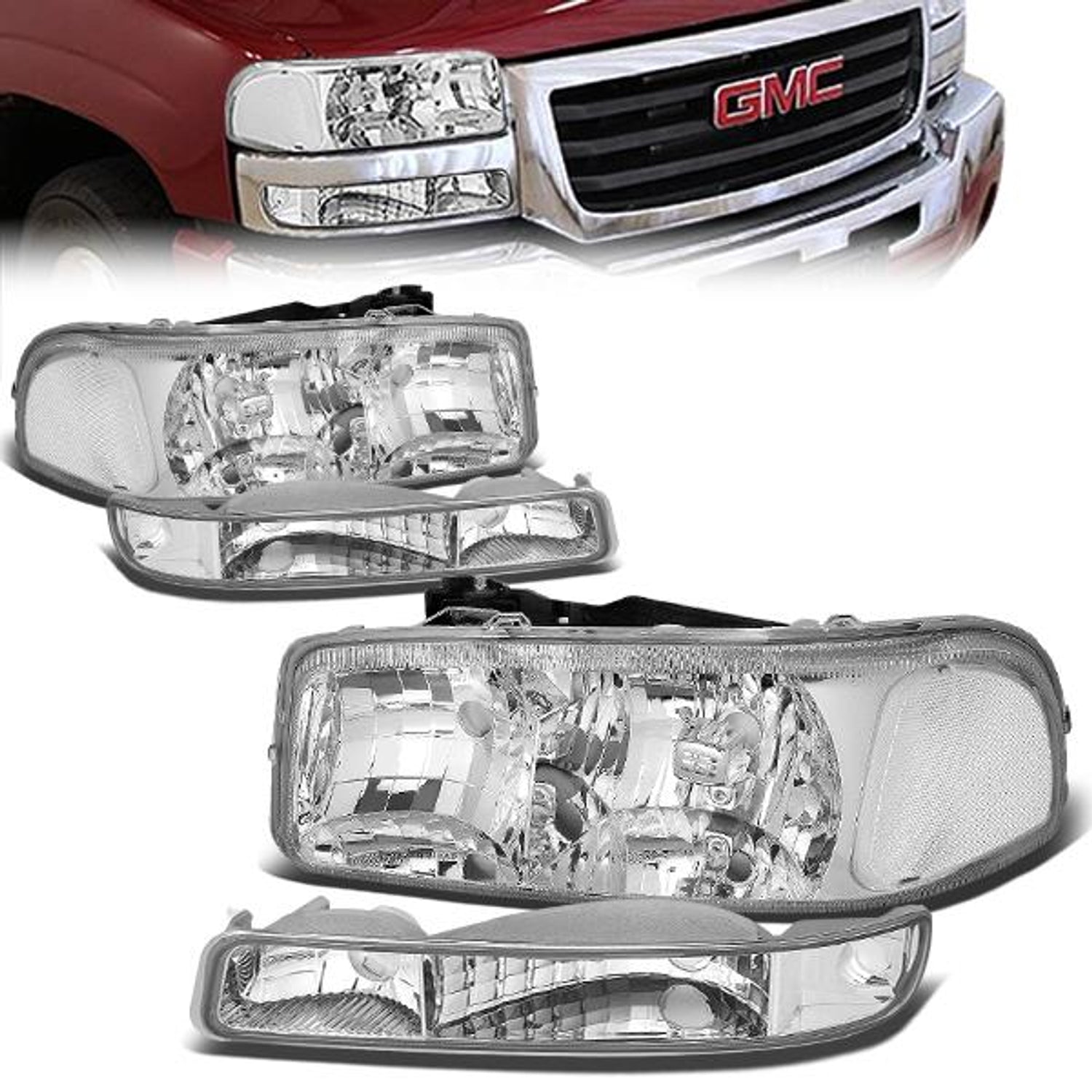 99-07 GMC Sierra 1500 2500 3500 Yukon Headlights - Chrome Housing - Plug-n-Play - Pair