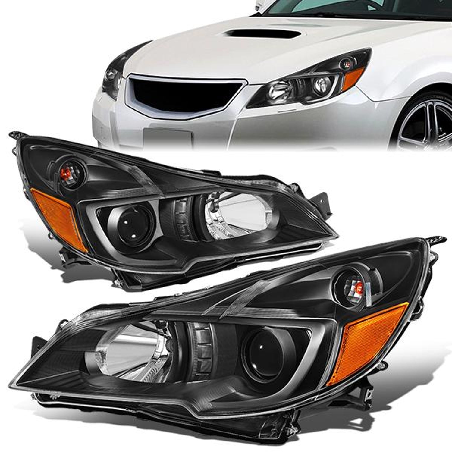 10-14 Outback Legacy Headlights - Black Housing - Clear Lens - Amber Corner - Projector - Plug-n-Play - Pair