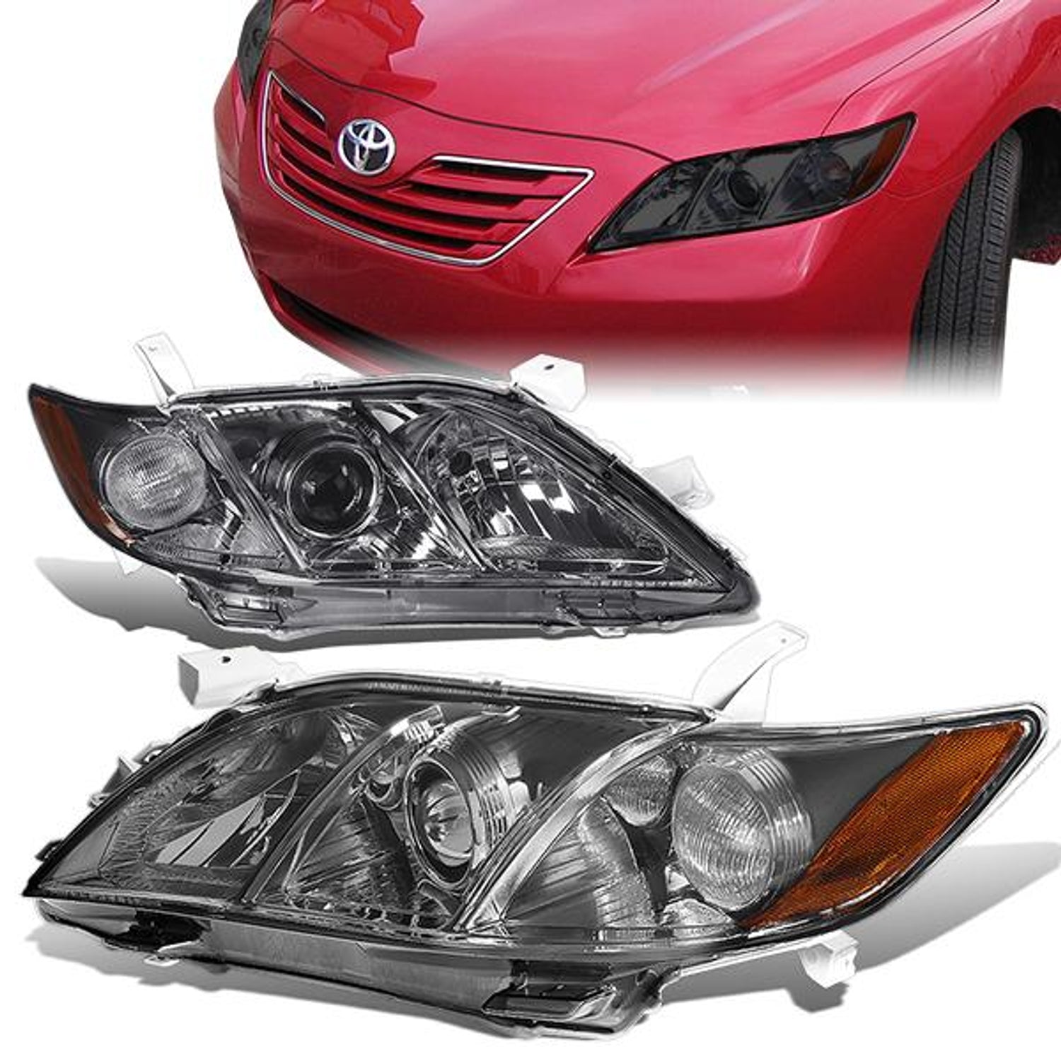 07-09 Toyota Camry Headlights - Smoked Housing - Amber Corner - Projector - Plug-n-Play - Pair
