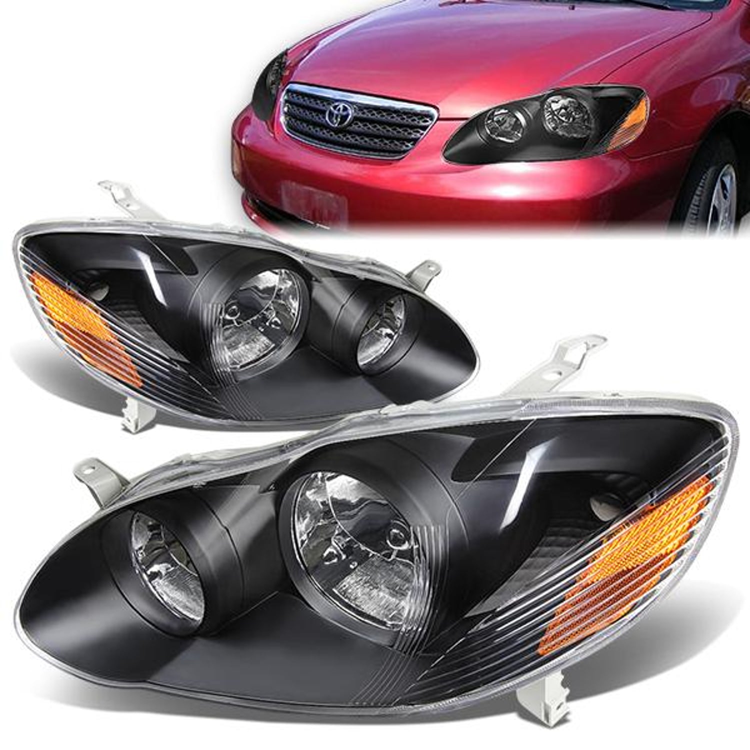 03-08 Toyota Corolla Headlights - Black Housing - Amber Corner - Plug-n-Play - Pair