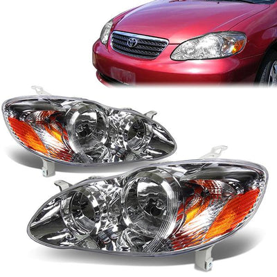 03-08 Toyota Corolla Headlights - Chrome Housing - Amber Corner - Plug-n-Play - Pair