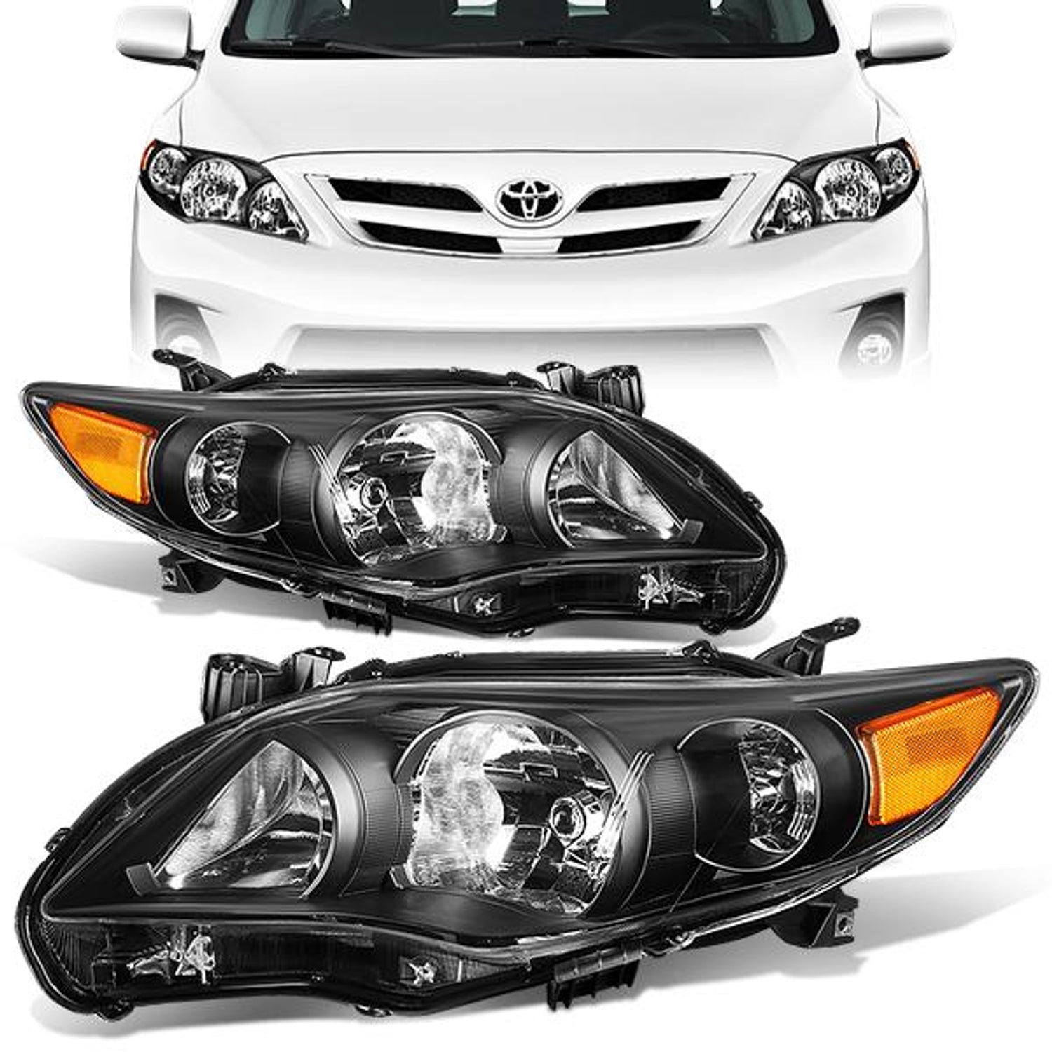 11-13 Toyota Corolla Headlights - Black Housing - Amber Corner - Plug-n-Play - Pair