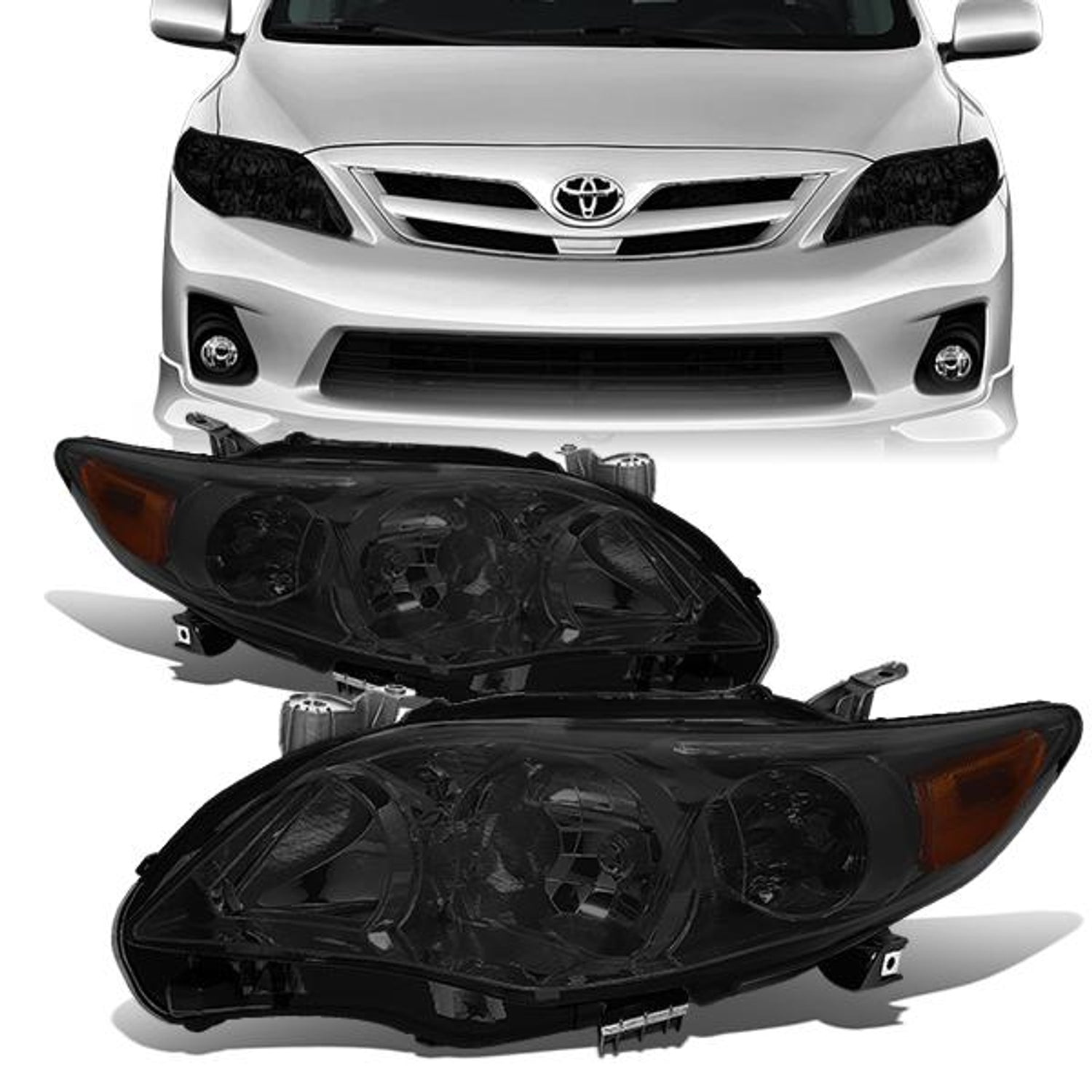 11-13 Toyota Corolla Headlights - Smoked Housing - Amber Corner - Plug-n-Play - Pair
