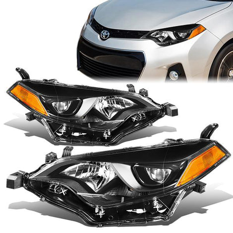 14-16 Toyota Corolla Headlights - Black Housing - Amber Corner - Projector - Plug-n-Play - Pair