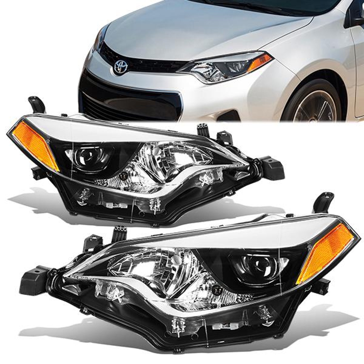 14-16 Toyota Corolla Headlights - Chrome Housing - Amber Corner - Projector - Plug-n-Play - Pair