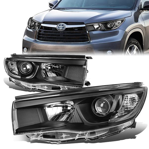 14-16 Toyota Highlander Headlights - Black Housing - Clear Corner - Projector - Plug-n-Play - Pair