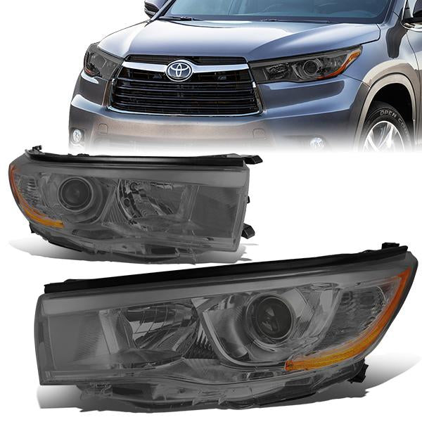 14-16 Toyota Highlander Headlights - Smoked Housing - Smoked Lens - Amber Corner - Projector - Plug-n-Play - Pair