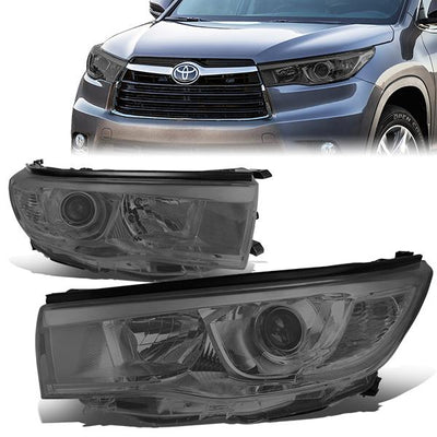 14-16 Toyota Highlander Headlights - Smoked Housing - Smoked Lens - Clear Corner - Projector - Plug-n-Play - Pair