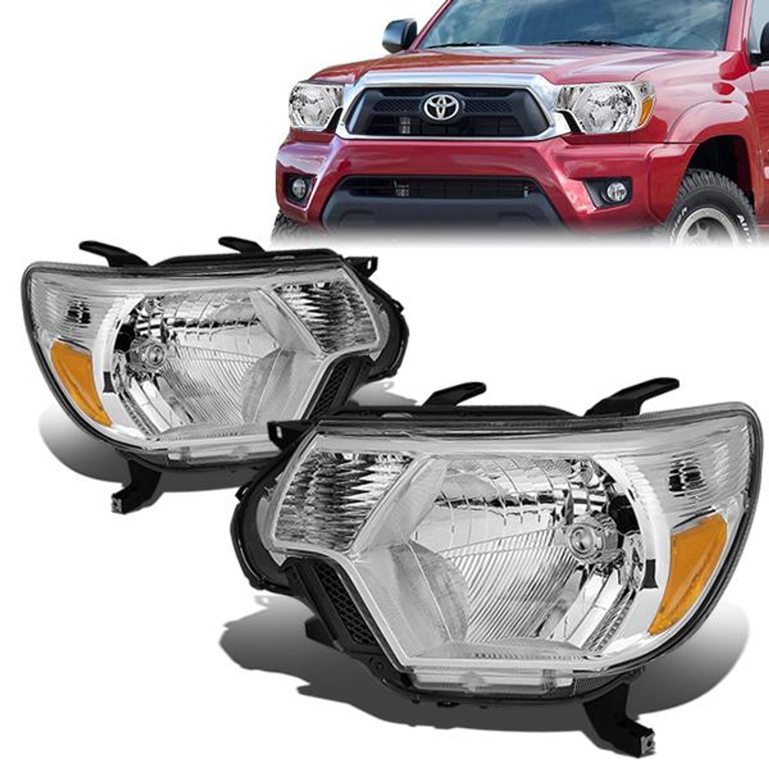 12-15 Toyota Tacoma Headlights - Chrome Housing - Amber Corner - Plug-n-Play - Pair