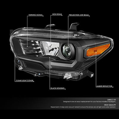 16-18 Toyota Tacoma Headlights - Black Hosuing - Clear Lens - Amber Corner - Projector - Plug-n-Play - Pair - 2
