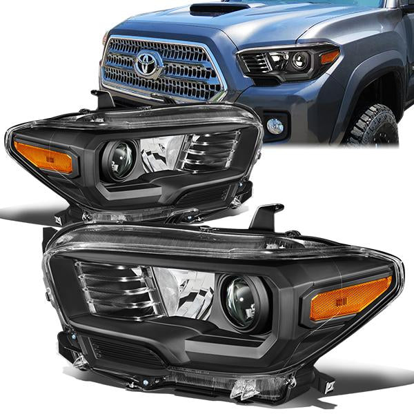 16-18 Toyota Tacoma Headlights - Black Hosuing - Clear Lens - Amber Corner - Projector - Plug-n-Play - Pair - 1