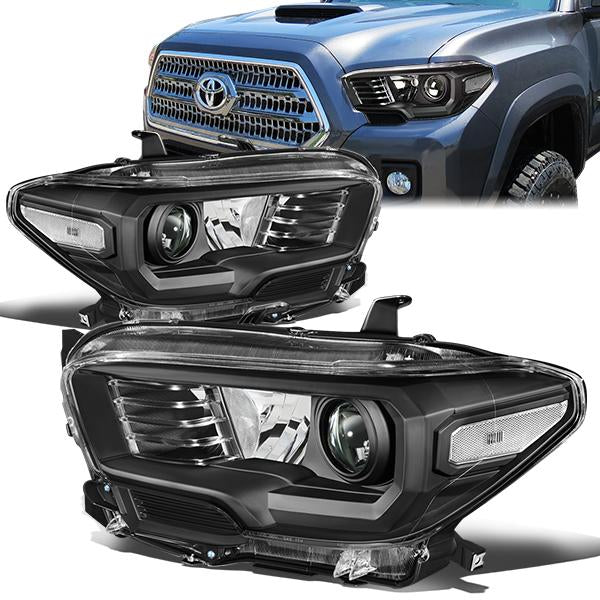16-18 Toyota Tacoma Headlights - Black Hosuing - Clear Lens - Clear Corner - Projector - Plug-n-Play - Pair - 1