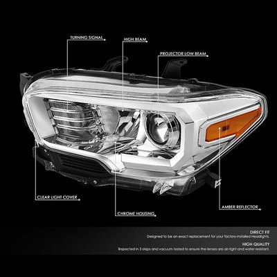 16-18 Toyota Tacoma Headlights - Chrome Hosuing - Clear Lens - Amber Corner - Projector - Plug-n-Play - Pair - 2