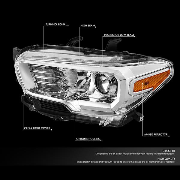 16-18 Toyota Tacoma Headlights - Chrome Hosuing - Clear Lens - Amber Corner - Projector - Plug-n-Play - Pair - 2