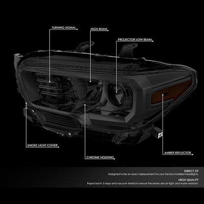 16-18 Toyota Tacoma Headlights - Smoked Hosuing - Smoked Lens - Amber Corner - Projector - Plug-n-Play - Pair - 2