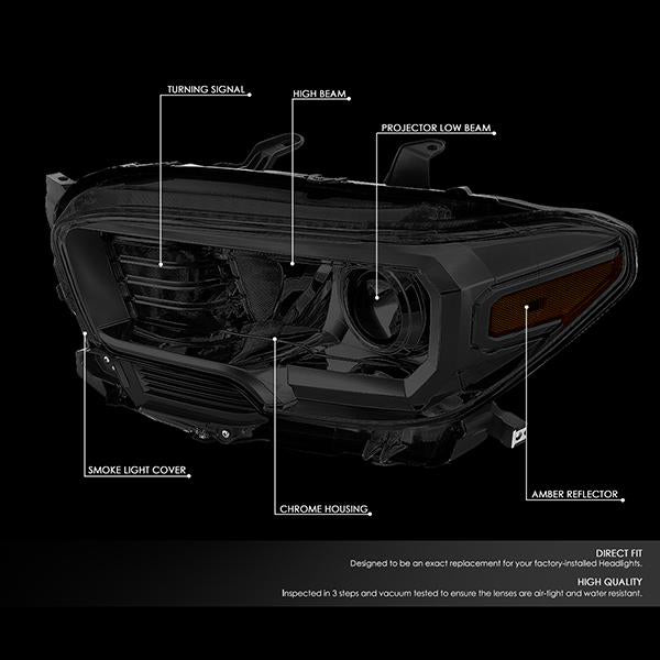 16-18 Toyota Tacoma Headlights - Smoked Hosuing - Smoked Lens - Amber Corner - Projector - Plug-n-Play - Pair - 2