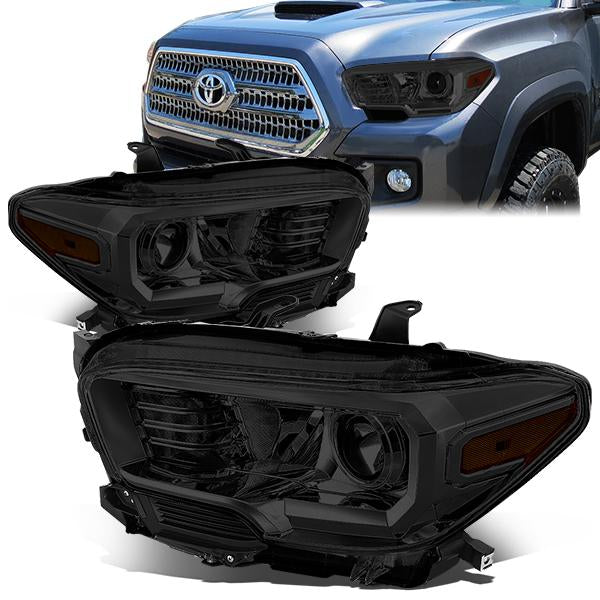 16-18 Toyota Tacoma Headlights - Smoked Hosuing - Smoked Lens - Amber Corner - Projector - Plug-n-Play - Pair - 1
