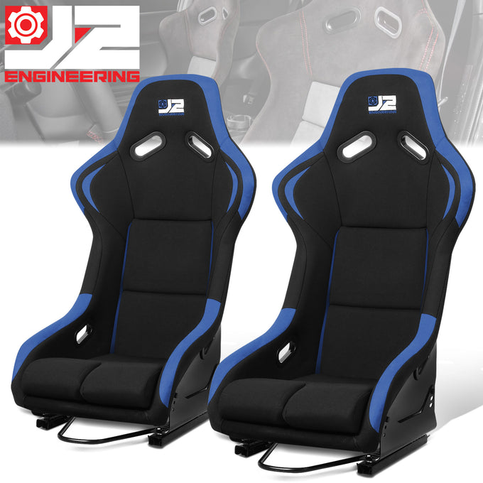 2 Pcs Blue Fabric Bucket Racing Seats w/ Mount Brackets & Sliders<br>Fits model w/ Aftermarket Seat Brackets