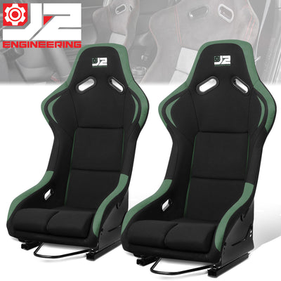 2 Pcs Green Fabric Bucket Racing Seats w/ Mount Brackets & Sliders<br>Fits model w/ Aftermarket Seat Brackets