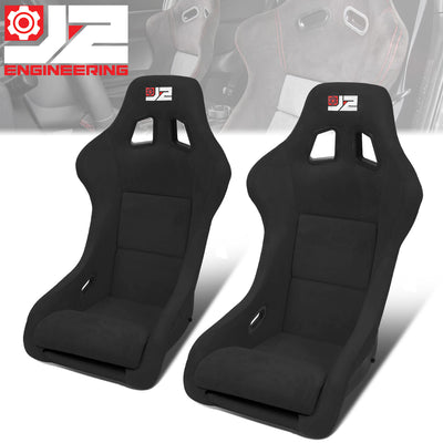 2Pcs Black Microfiber Suede Medium Racing Bucket Seats w/ Mount Brackets & Sliders<br>Universal