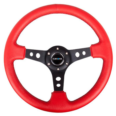 350mm 3 in. Deep Dish Red Leather Grip Steering Wheel<br>Universal