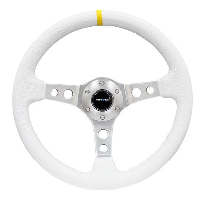 350mm 3 in. Deep Dish White Leather Grip Steering Wheel<br>Fits w/ Hubs 6-Bolt X 70mm Bolt Pattern
