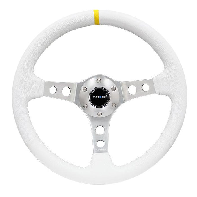 350mm 3 in. Deep Dish White Leather Grip Steering Wheel<br>Fits w/ Hubs 6-Bolt X 70mm Bolt Pattern
