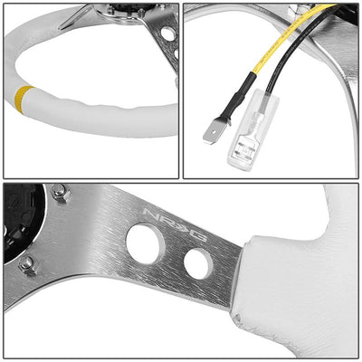 350mm 3 in. Deep Dish White Leather Grip Steering Wheel<br>Fits w/ Hubs 6-Bolt X 70mm Bolt Pattern