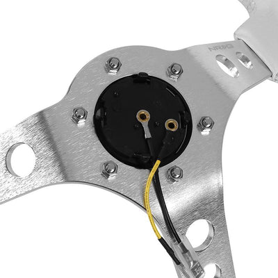 350mm 3 in. Deep Dish White Leather Grip Steering Wheel<br>Fits w/ Hubs 6-Bolt X 70mm Bolt Pattern