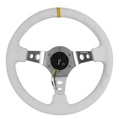 350mm 3 in. Deep Dish White Leather Grip Steering Wheel<br>Fits w/ Hubs 6-Bolt X 70mm Bolt Pattern