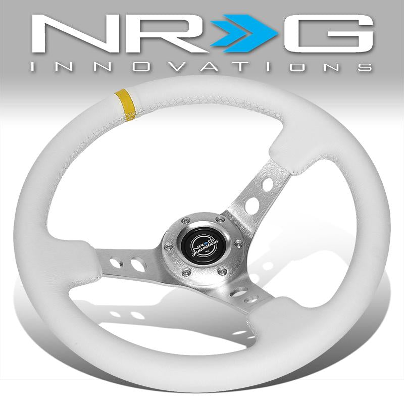 350mm 3 in. Deep Dish White Leather Grip Steering Wheel<br>Fits w/ Hubs 6-Bolt X 70mm Bolt Pattern