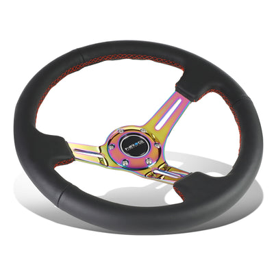 NRG Innovations - Steering Wheel - 350mm Diameter 3 Deep Dish - Neo Chrome Spoke Leather Red Stitch - 1