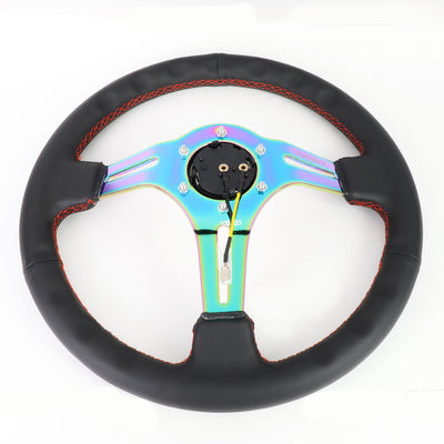 NRG Innovations - Steering Wheel - 350mm Diameter 3 Deep Dish - Neo Chrome Spoke Leather Red Stitch - 5