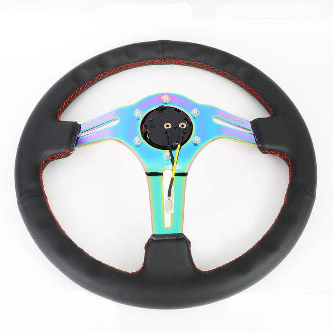 NRG Innovations - Steering Wheel - 350mm Diameter 3 Deep Dish - Neo Chrome Spoke Leather Red Stitch - 5
