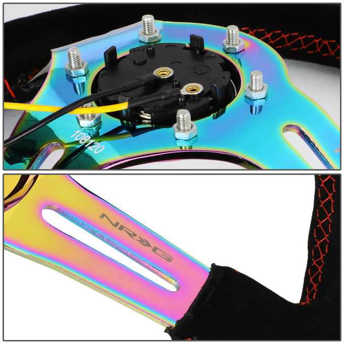 NRG Innovations - Steering Wheel - 350mm Diameter 3 Deep Dish - Neo Chrome Spoke Suede W Red Stitch - 4