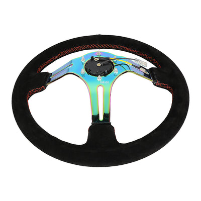 NRG Innovations - Steering Wheel - 350mm Diameter 3 Deep Dish - Neo Chrome Spoke Suede W Red Stitch - 5