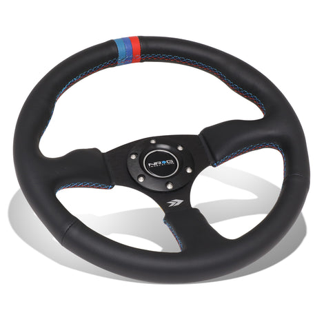 NRG Innovations - Steering Wheel - 350mm Diameter 2.5 Deep Dish - Leather Blue Red Center Mark - 1