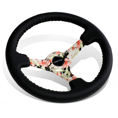 NRG Innovations - Steering Wheel - 350mm Diameter 3 Deep Dish - Leather Floral Pattern Spokes - 1